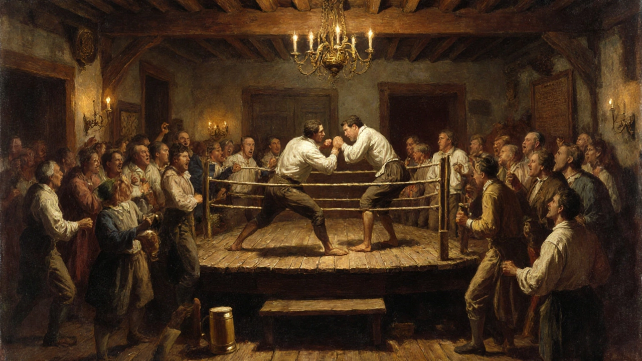 18th‑century tavern prizefight with ungloved fighters and a cheering crowd.