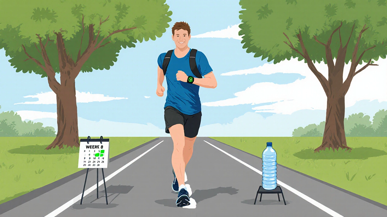 Beginner runner training on suburban road with heart‑rate monitor and water bottle.
