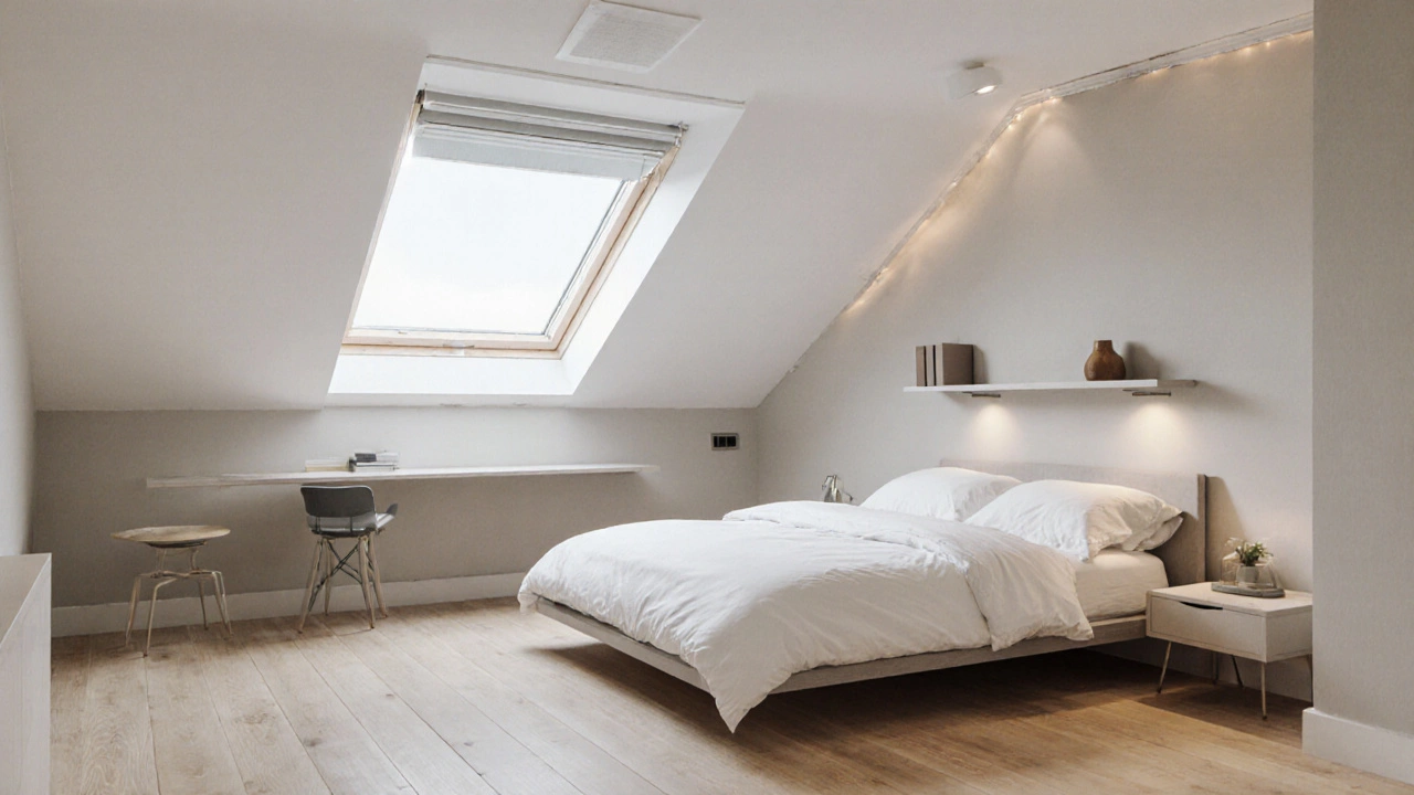 Bright modern loft bedroom featuring a large skylight and minimal furniture.