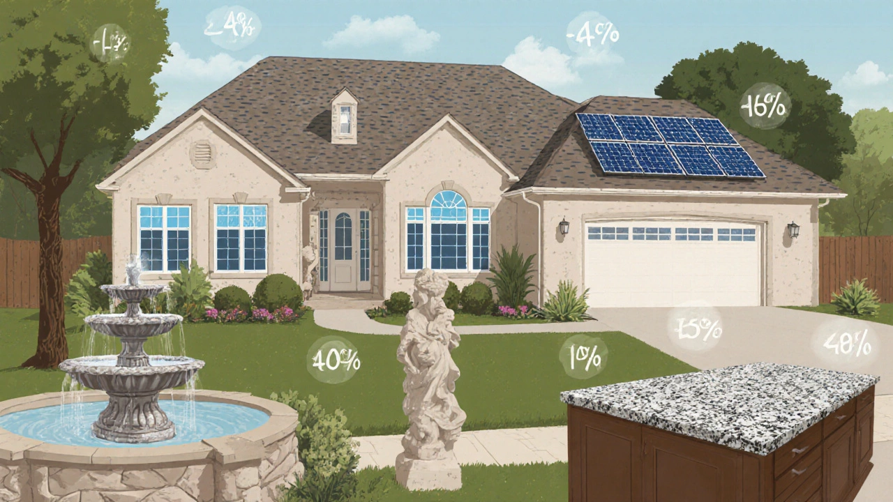 Collage of low‑ROI home upgrades: ornamental fountain, solar panels, energy‑efficient windows, granite countertop.