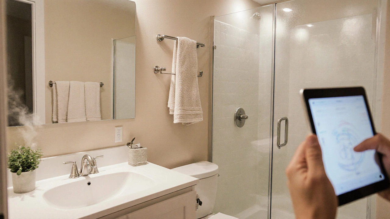 Cozy bathroom with fresh paint, new cabinet knobs, glass shower door, heated towel rack, and LED lighting.