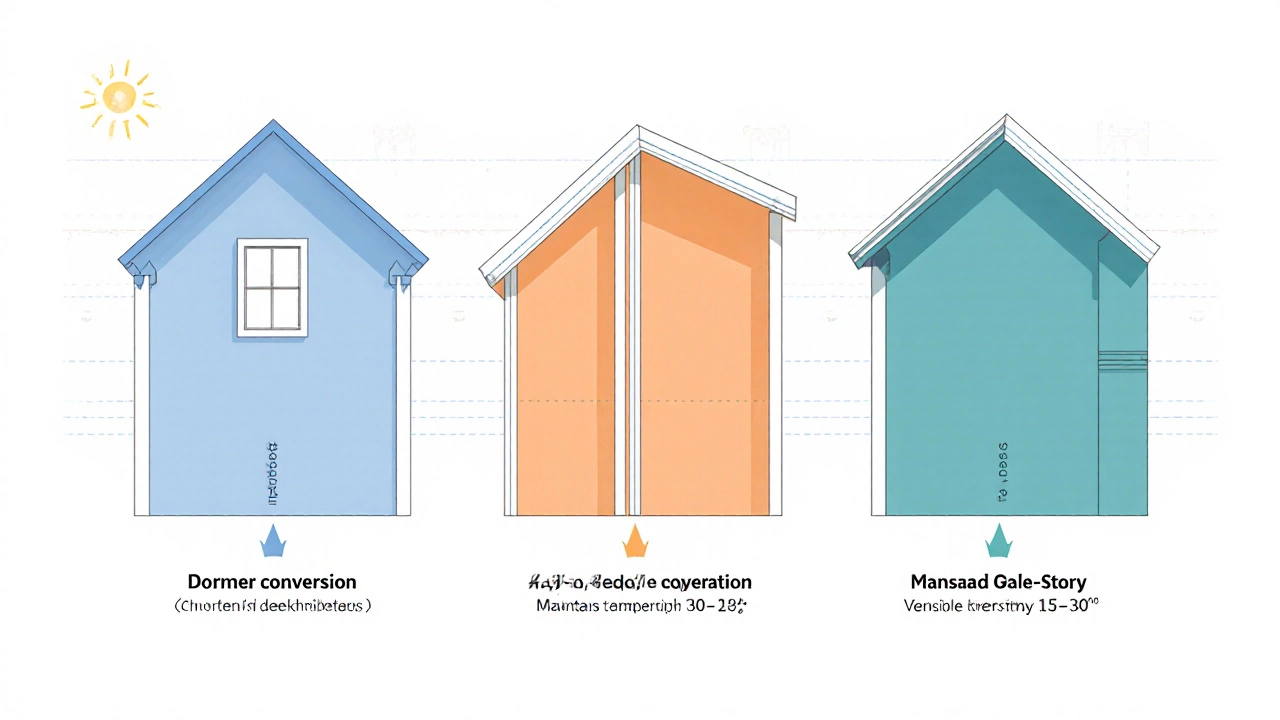 Cross‑section view of dormer, hip‑to‑gable, and mansard roof conversions.