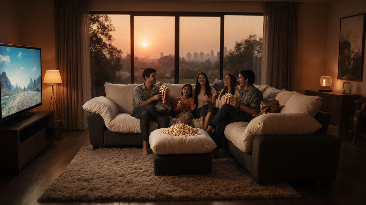Family enjoying movie night on a sofa with hybrid HR foam and down cushion.