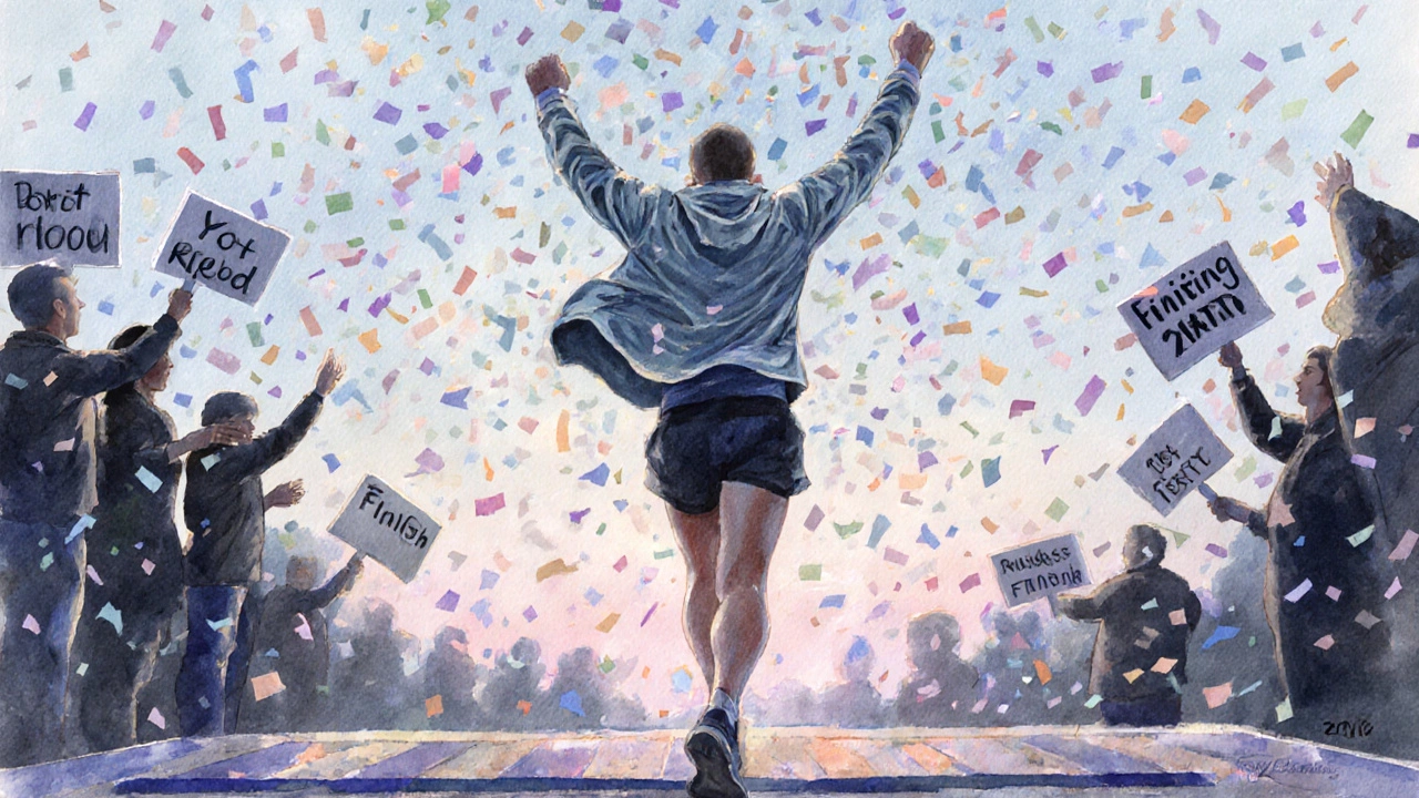 First‑time marathon finisher crossing finish line with arms raised, confetti.