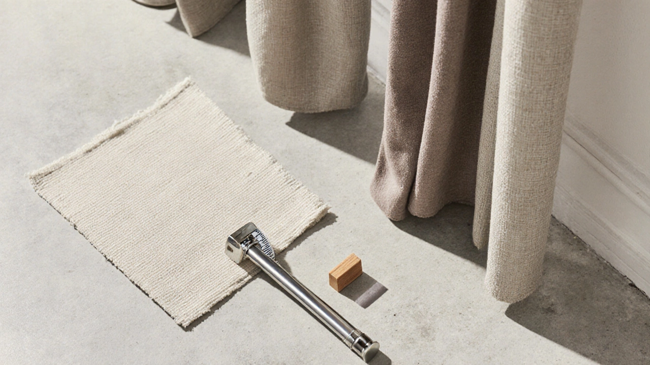 Flat‑lay of measuring tape, fabric swatches, curtain rod, and miniature floor‑length and sill‑height curtain samples.