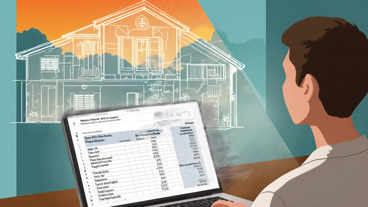 Homeowner planning high‑return renovations, with blueprint of kitchen, basement, open floor plan.