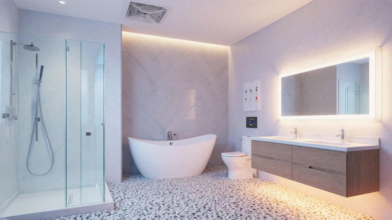 Illustrated bathroom showing walk‑in shower, freestanding tub, double vanity, heated floor, smart toilet, LED lights, and vent.