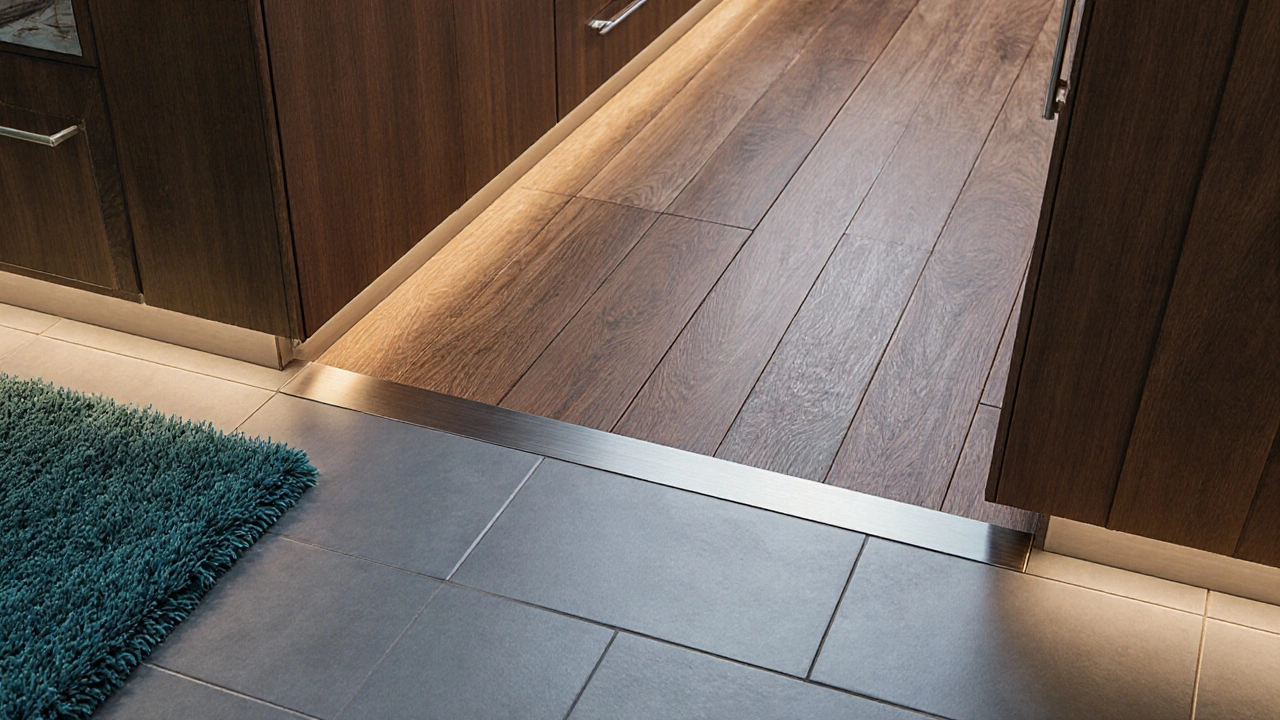 Illustration of kitchen tile meeting hardwood with a metal transition strip and a rug in a bedroom.