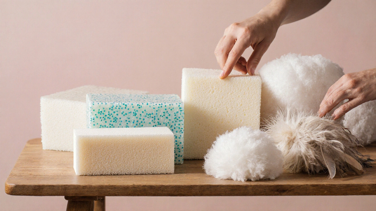 Macro layout of HR foam, memory foam, gel foam, latex, down feathers, and fiberfill samples.