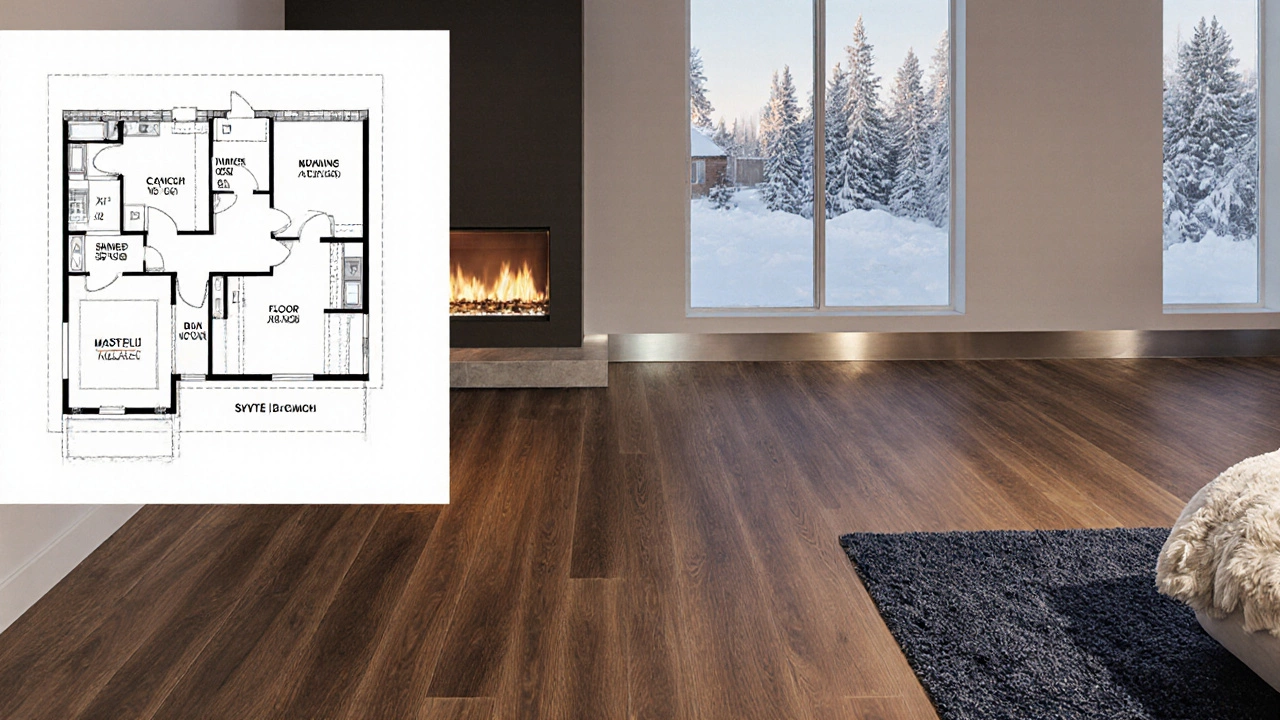 Mood‑board of a Calgary remodel with engineered hardwood, metal strip, rug and snowy window view.