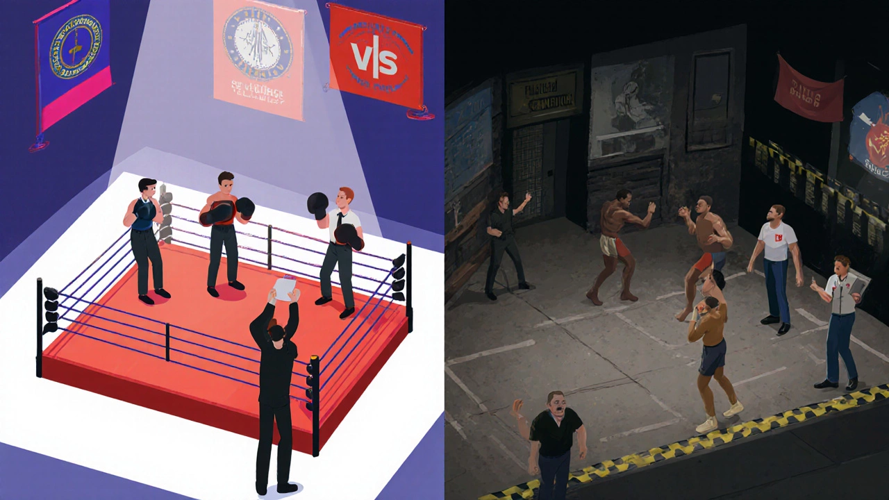 Side‑by‑side comparison of a regulated arena and a dim underground boxing match.