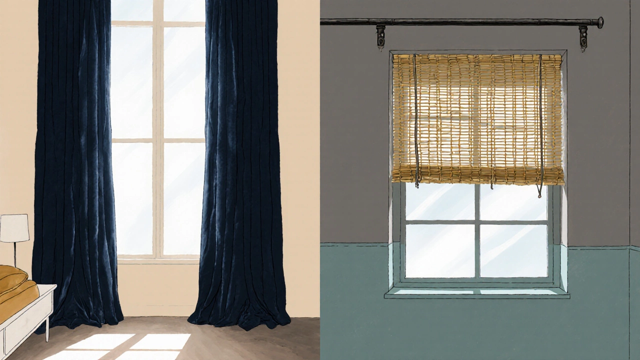 Side‑by‑side illustration of a high‑ceiling room with floor‑length velvet curtains and a low‑ceiling room with sill‑height bamboo shades.