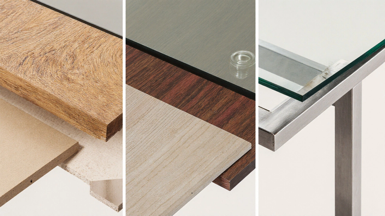 Side‑by‑side illustration of six dining table materials showing textures and wear signs.